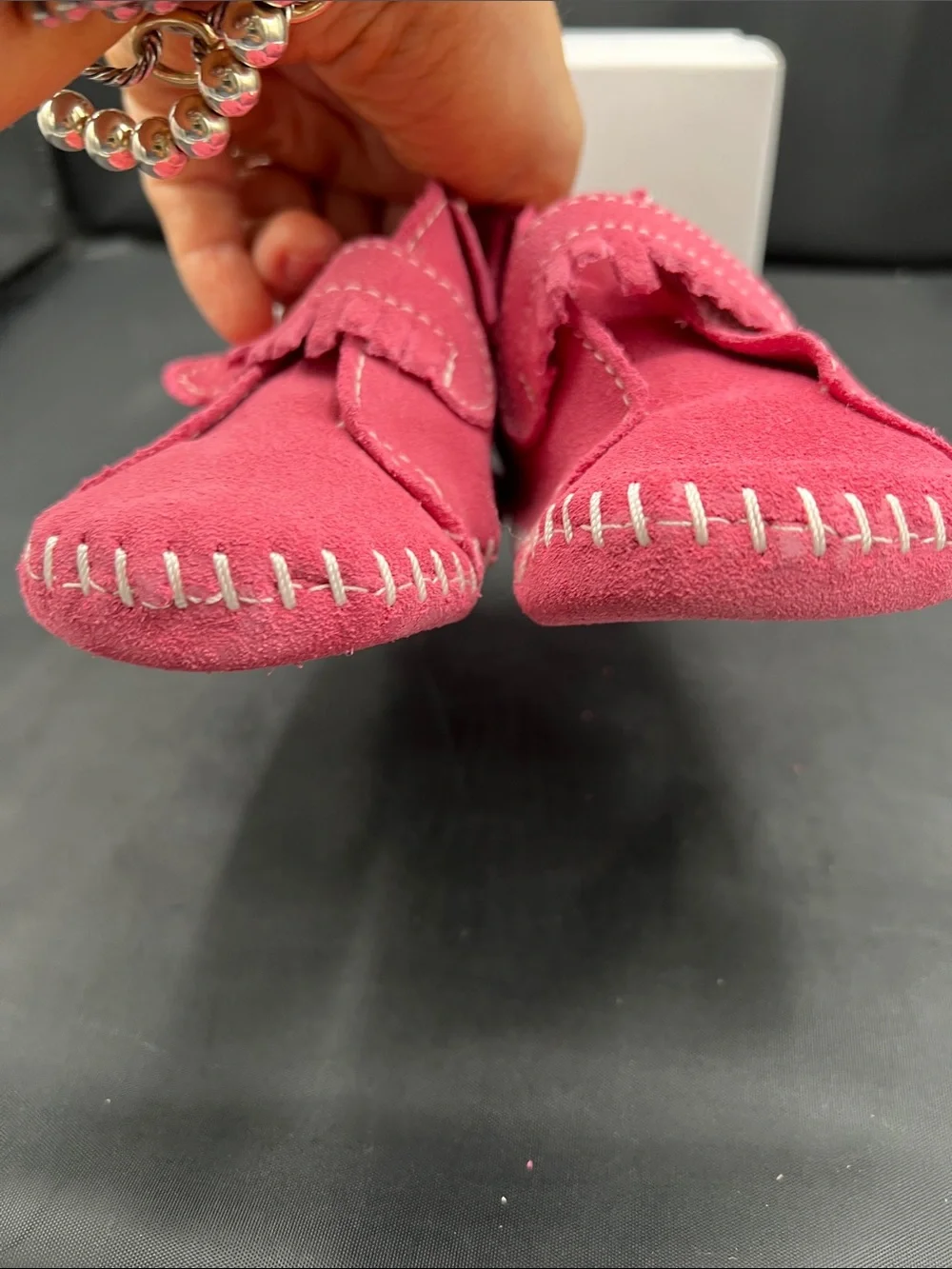 Minnetonka Kids Pink Suede Fringe Moccasins